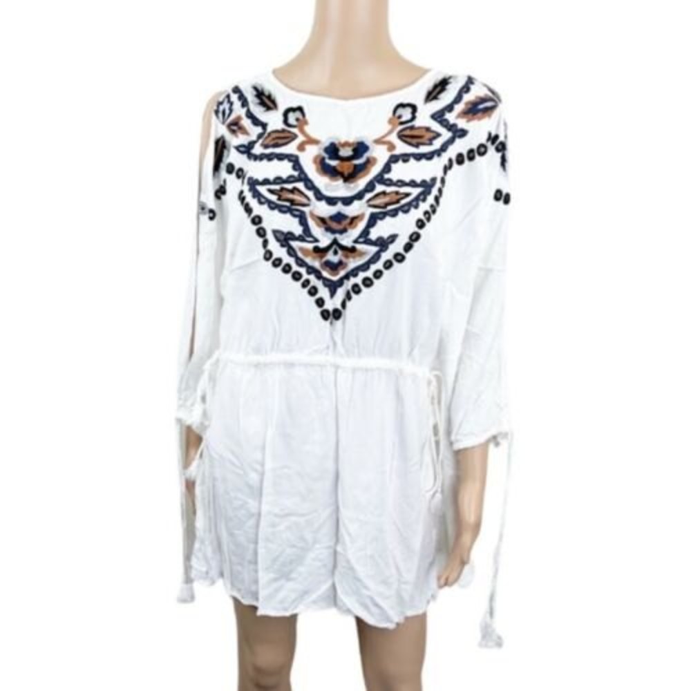 Free People Women Floral Embroidered Loose Batwing Sleeves White Tunic